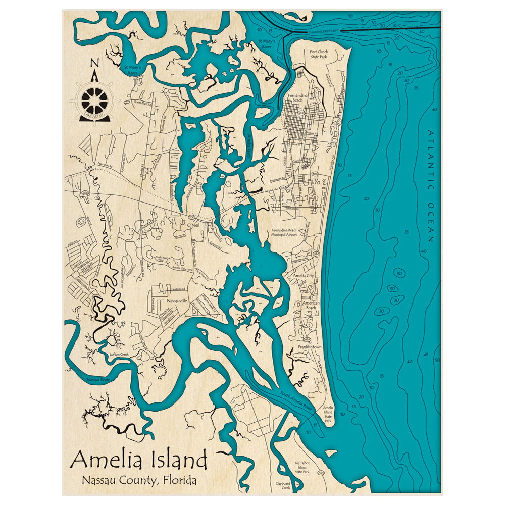 Bathymetric topo map of Amelia Island with roads, towns and depths noted in blue water