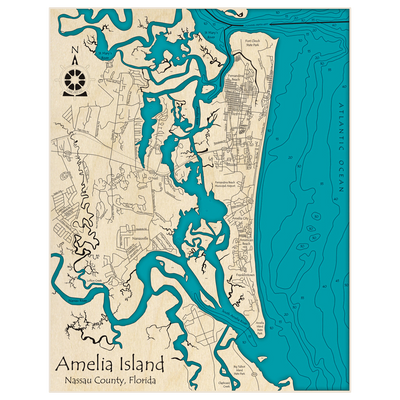 Bathymetric topo map of Amelia Island with roads, towns and depths noted in blue water