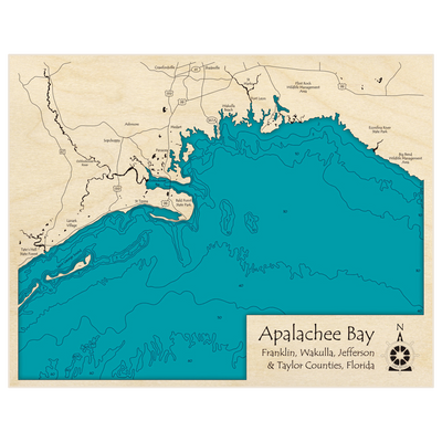 Bathymetric topo map of Apalachee Bay with roads, towns and depths noted in blue water