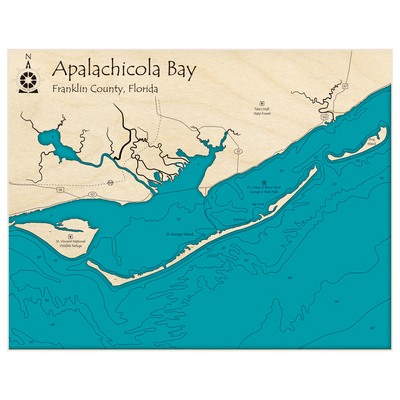Bathymetric topo map of Apalachicola Bay with roads, towns and depths noted in blue water