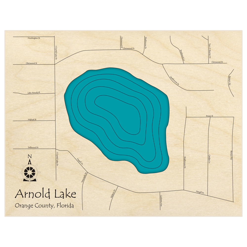 Bathymetric topo map of Arnold Lake  with roads, towns and depths noted in blue water