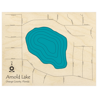 Bathymetric topo map of Arnold Lake  with roads, towns and depths noted in blue water