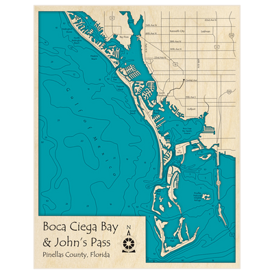Bathymetric topo map of Boca Ciega Bay and Johns Pass with roads, towns and depths noted in blue water