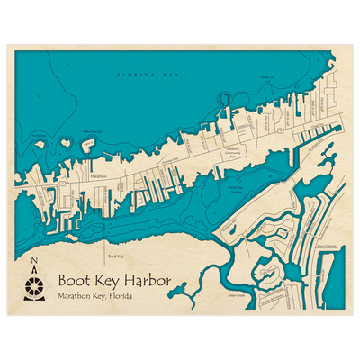Bathymetric topo map of Boot Key Harbor with roads, towns and depths noted in blue water
