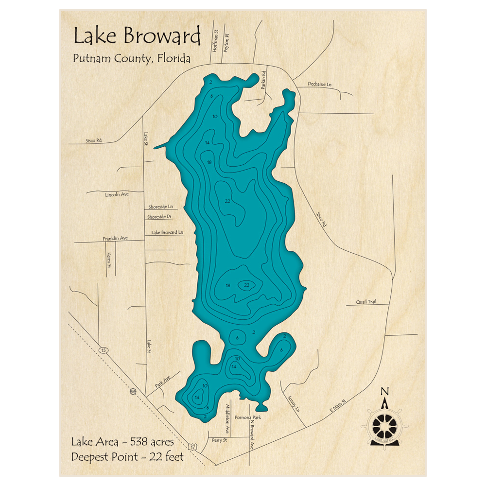 Bathymetric topo map of Lake Broward with roads, towns and depths noted in blue water