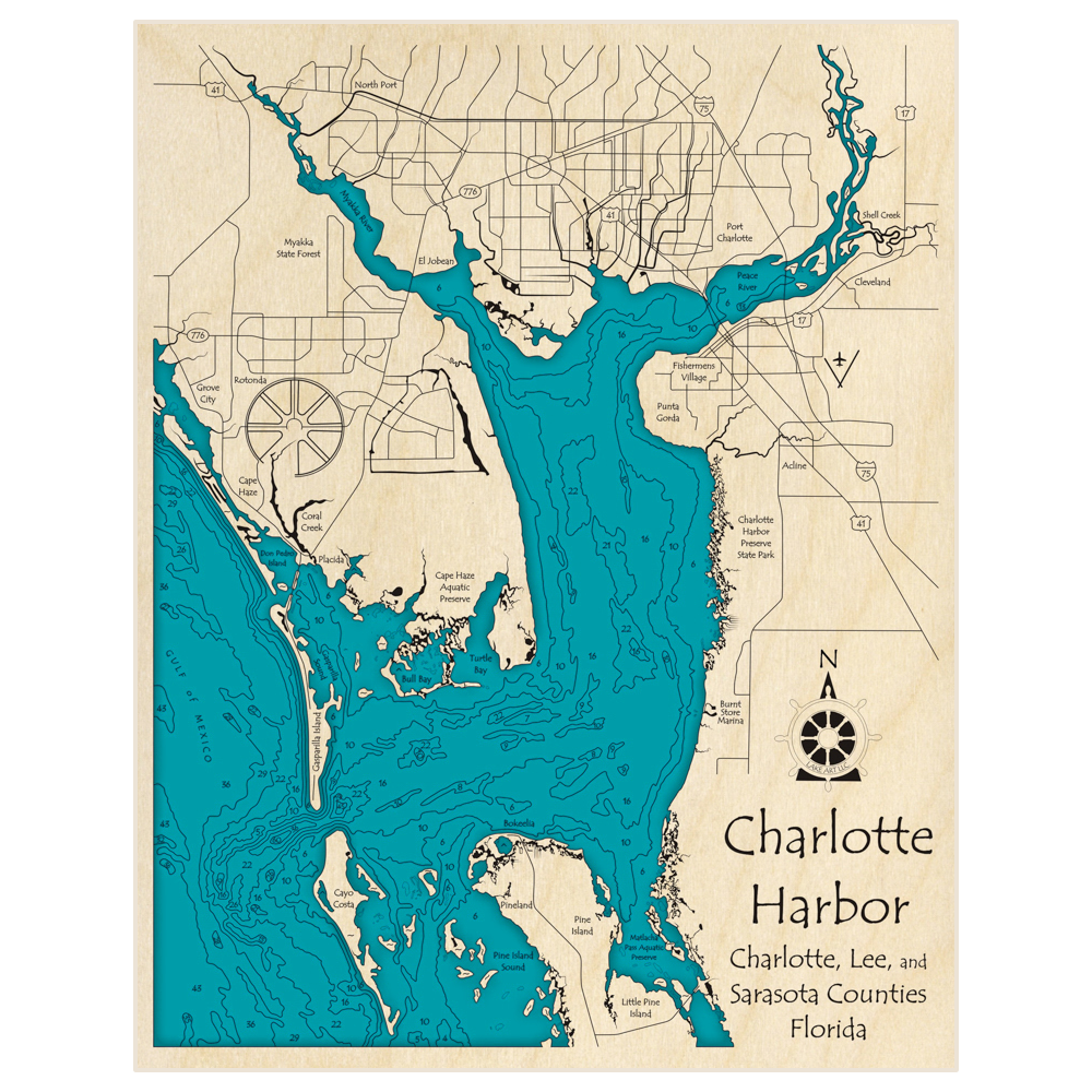 Bathymetric topo map of Charlotte Harbor with roads, towns and depths noted in blue water