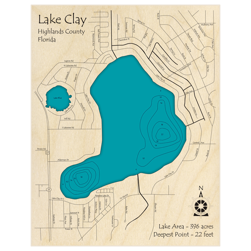 Bathymetric topo map of Lake Clay with roads, towns and depths noted in blue water