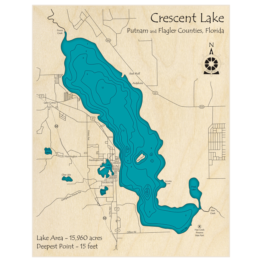Bathymetric topo map of Crescent Lake with roads, towns and depths noted in blue water