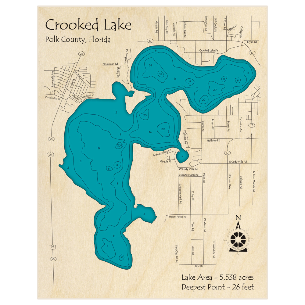 Bathymetric topo map of Crooked Lake with roads, towns and depths noted in blue water
