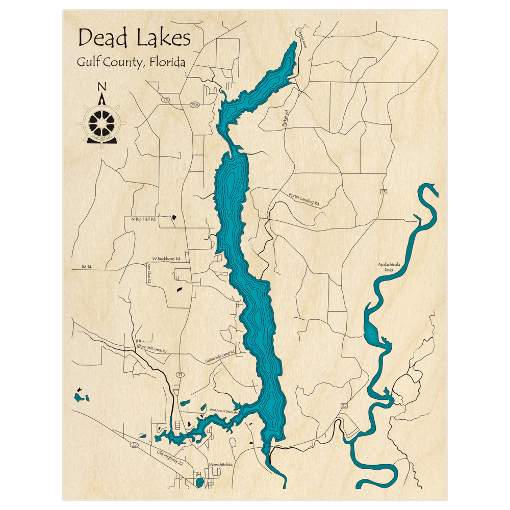 Bathymetric topo map of Dead Lakes  with roads, towns and depths noted in blue water