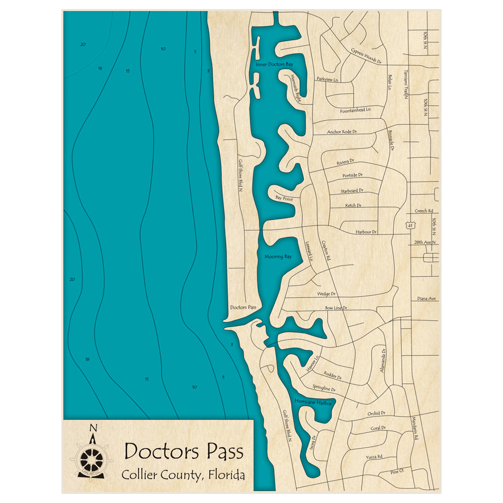 Bathymetric topo map of Doctors Pass Moorings Bay Hurricane Harbor with roads, towns and depths noted in blue water