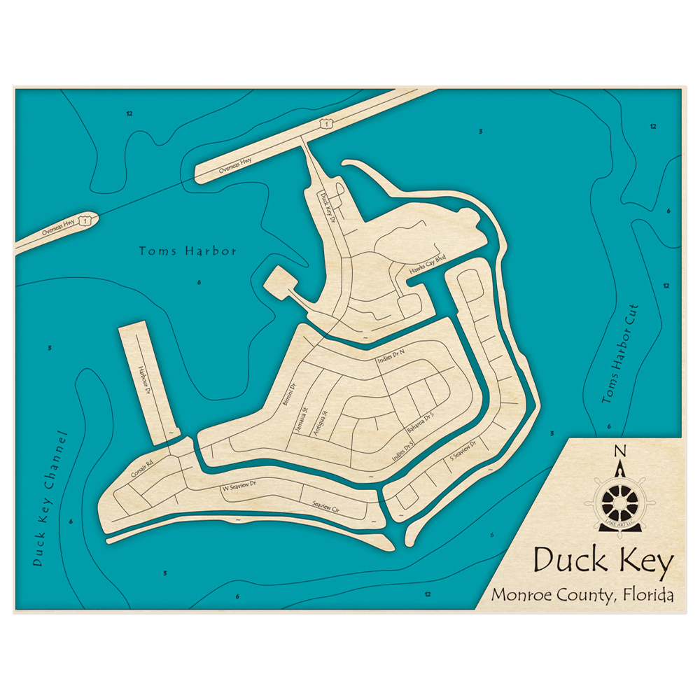 Bathymetric topo map of Duck Key with roads, towns and depths noted in blue water