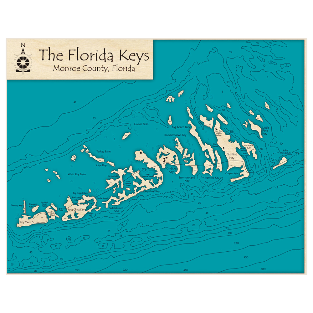 Bathymetric topo map of The Florida Keys (Key West to Bahia Honda Key) with roads, towns and depths noted in blue water