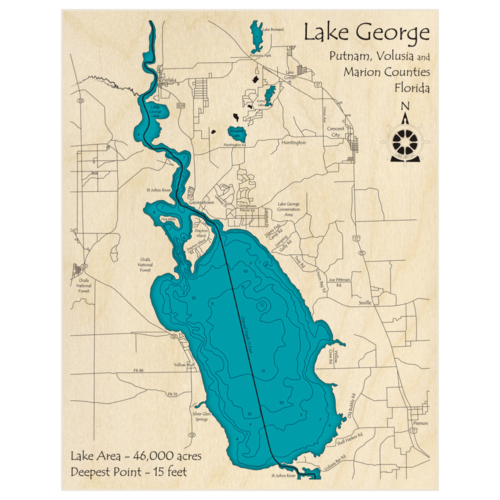 Bathymetric topo map of Lake George (Extended North to Welaka) with roads, towns and depths noted in blue water