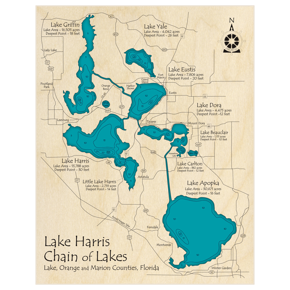 Bathymetric topo map of Harris Chain of Lakes with roads, towns and depths noted in blue water