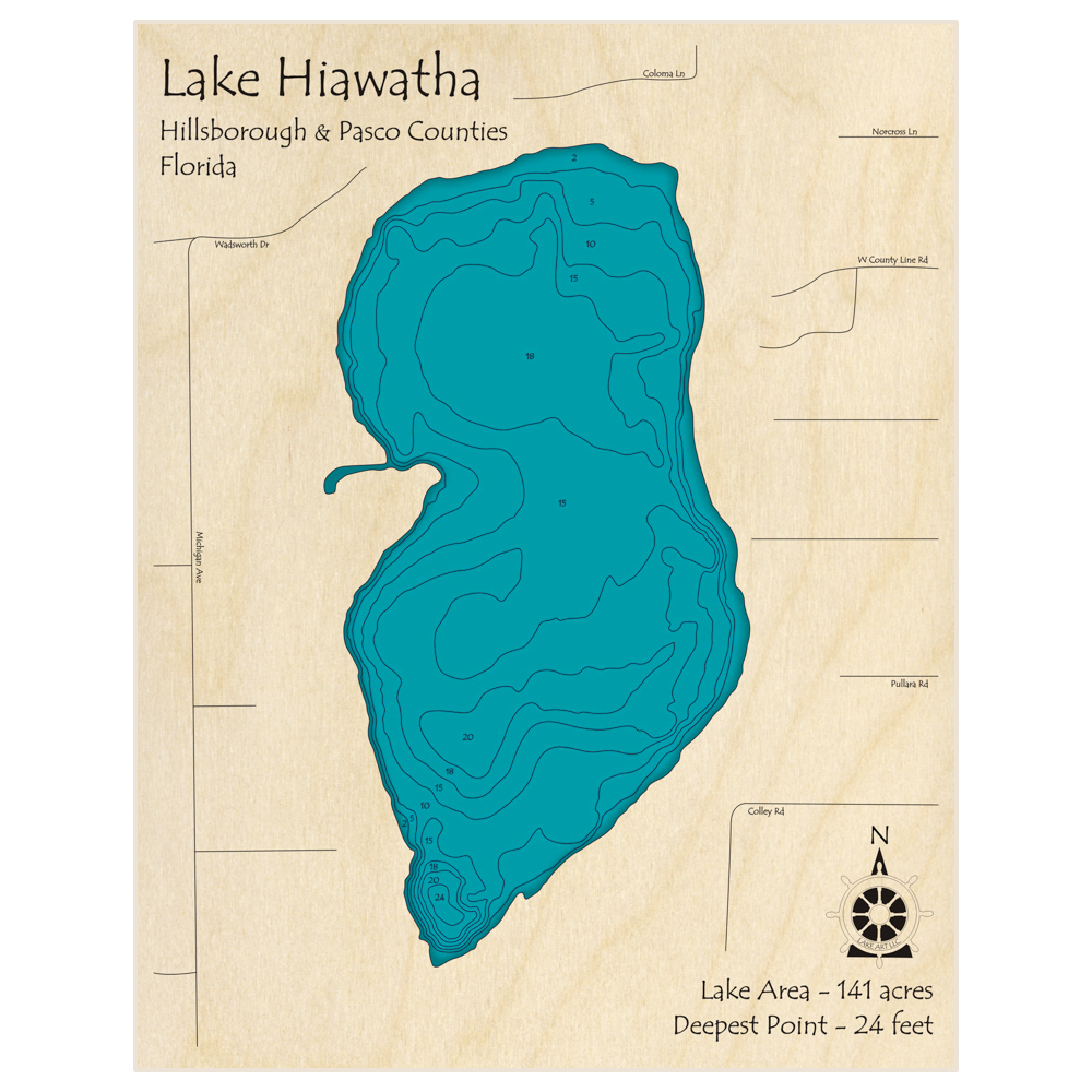 Bathymetric topo map of Lake Hiawatha with roads, towns and depths noted in blue water