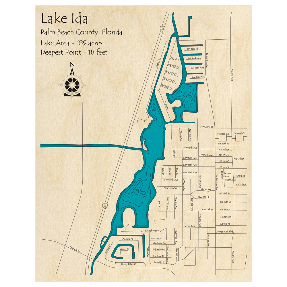 Bathymetric topo map of Lake Ida with roads, towns and depths noted in blue water
