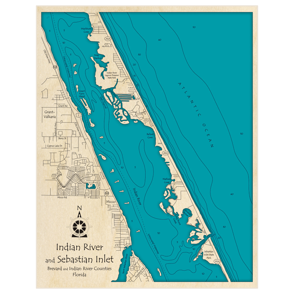 Bathymetric topo map of Indian River Lagoon (Sebastian to Vero Beach) with roads, towns and depths noted in blue water