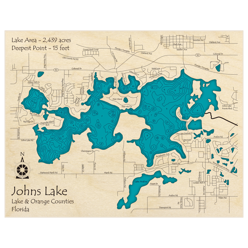 Bathymetric topo map of Johns Lake with roads, towns and depths noted in blue water