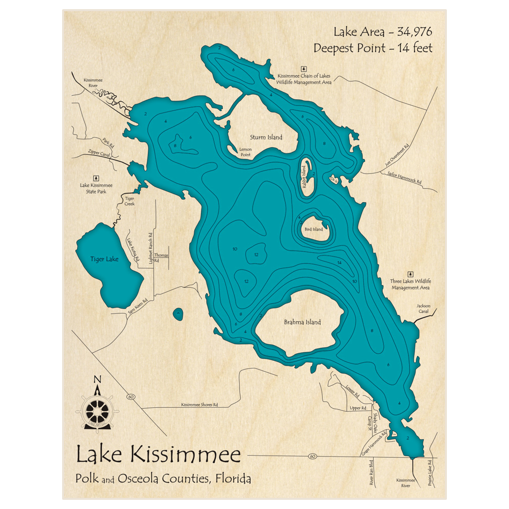 Bathymetric topo map of Lake Kissimmee with roads, towns and depths noted in blue water