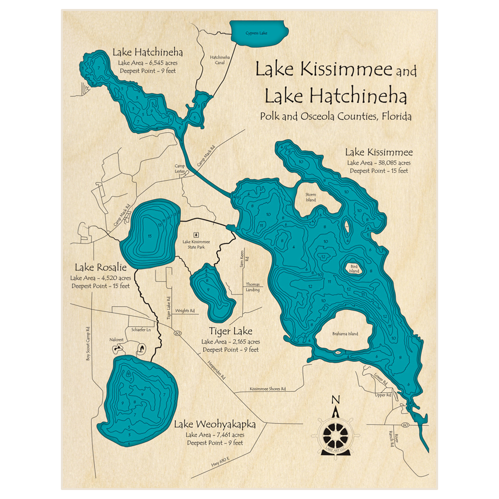 Bathymetric topo map of Lake Kissimmee and Lake Hatchineha with roads, towns and depths noted in blue water