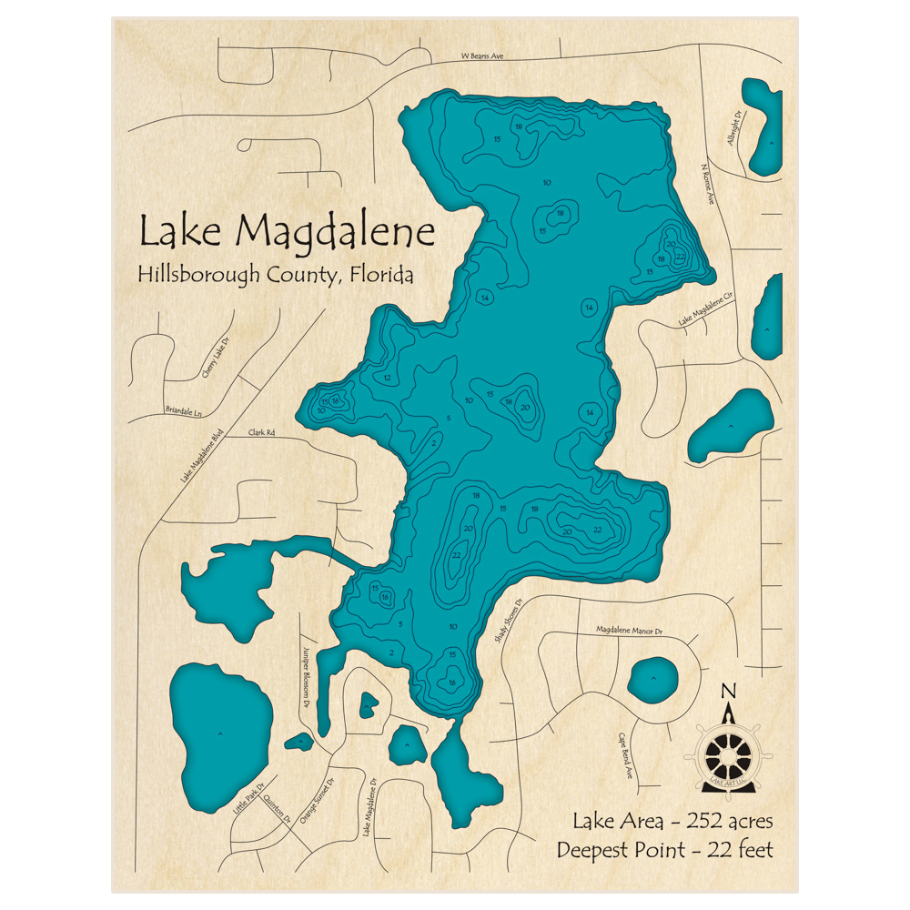 Bathymetric topo map of Lake Magdalene with roads, towns and depths noted in blue water
