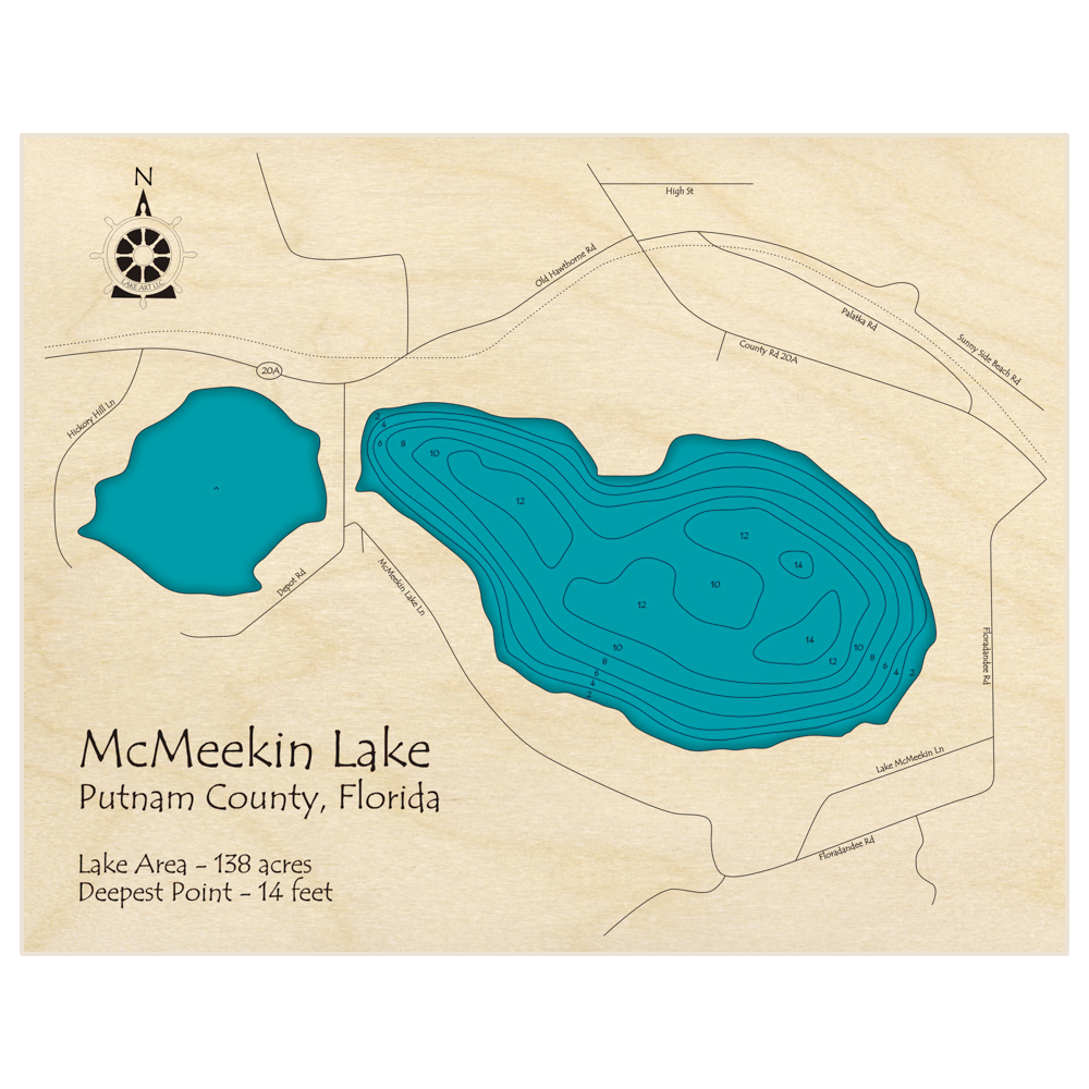 Bathymetric topo map of Lake McMeekin with roads, towns and depths noted in blue water