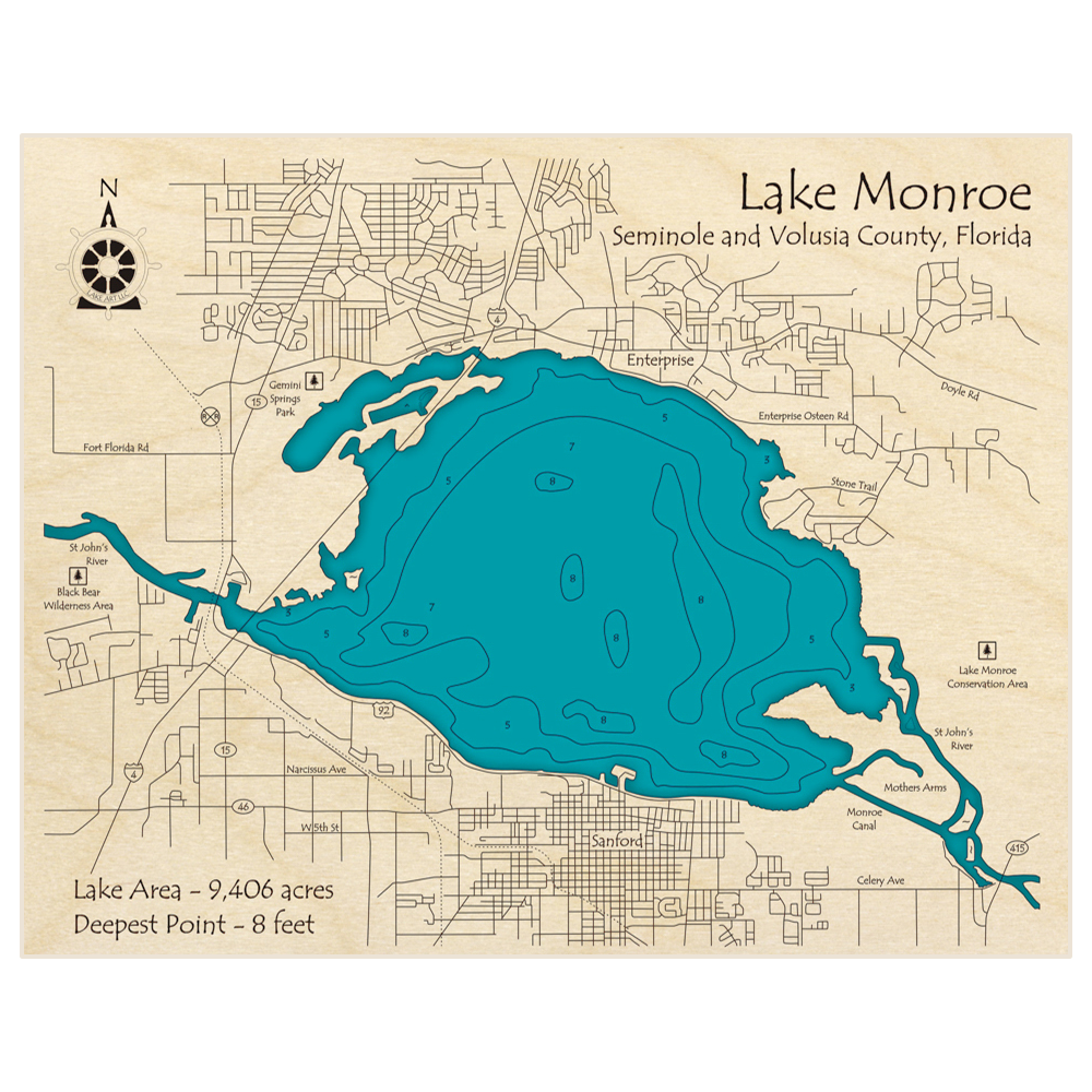 Bathymetric topo map of Lake Monroe with roads, towns and depths noted in blue water