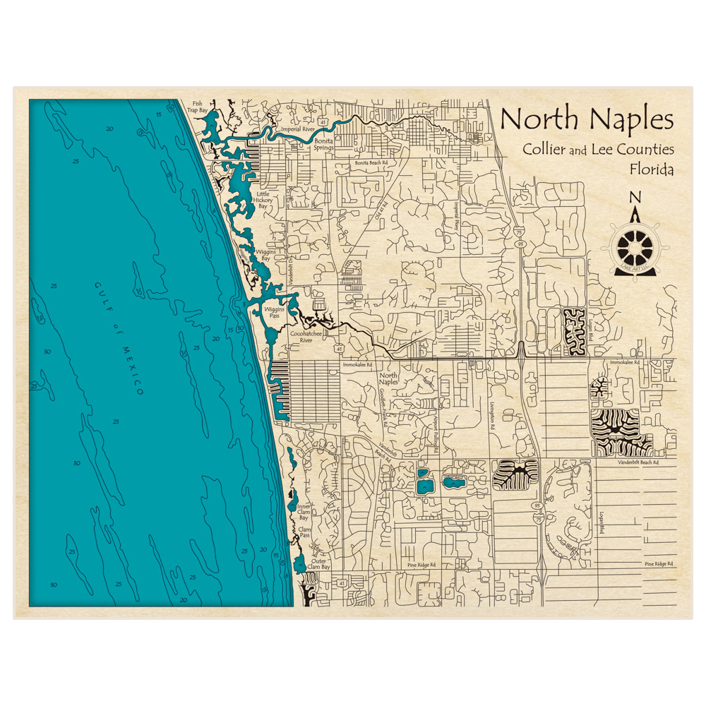 Bathymetric topo map of North Naples with roads, towns and depths noted in blue water
