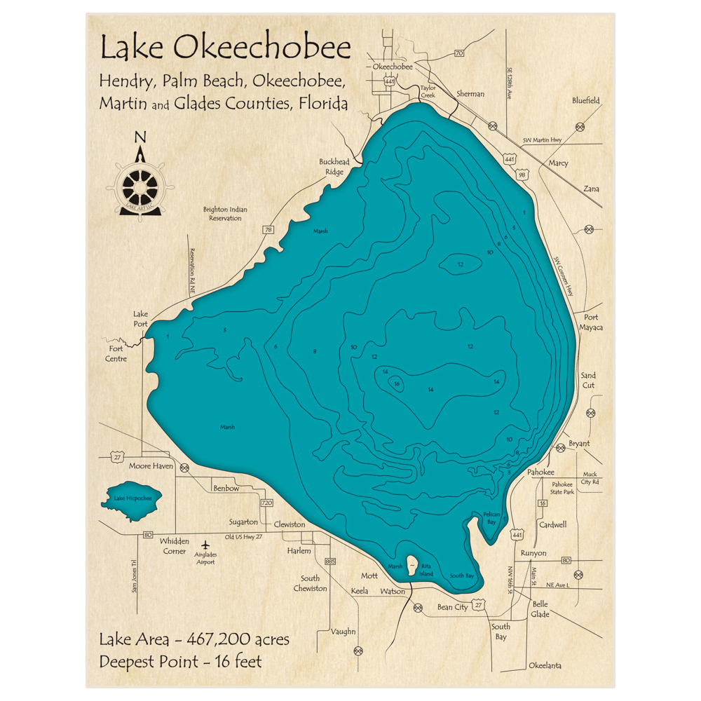 Bathymetric topo map of Lake Okeechobee with roads, towns and depths noted in blue water
