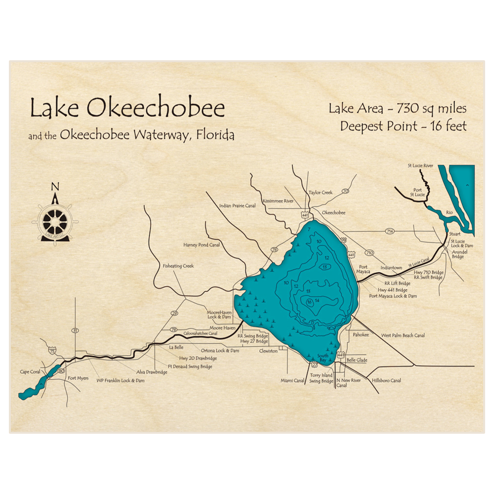 Bathymetric topo map of Lake Okeechobee Waterway (from Cape Coral to Stuart) with roads, towns and depths noted in blue water