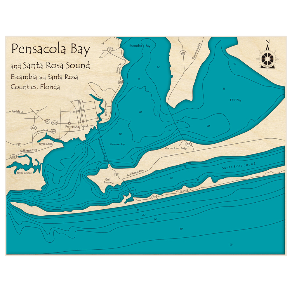 Bathymetric topo map of Pensacola Bay and Santa Rosa Sound with roads, towns and depths noted in blue water