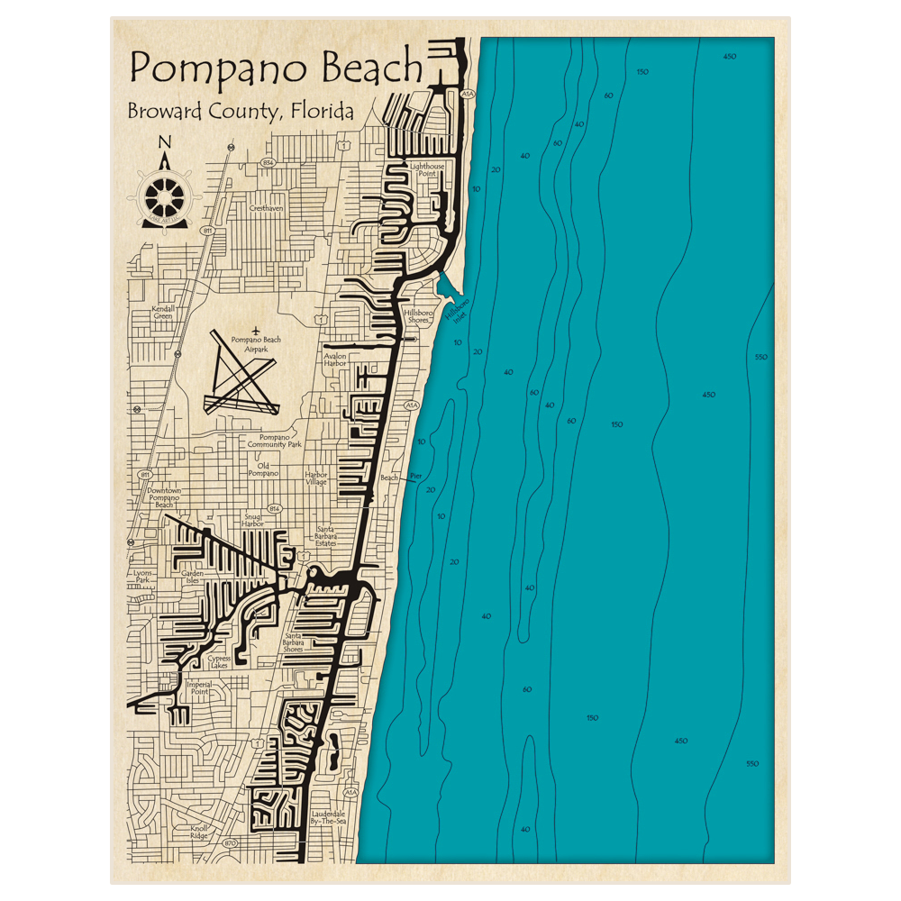 Bathymetric topo map of Pompano Beach with roads, towns and depths noted in blue water
