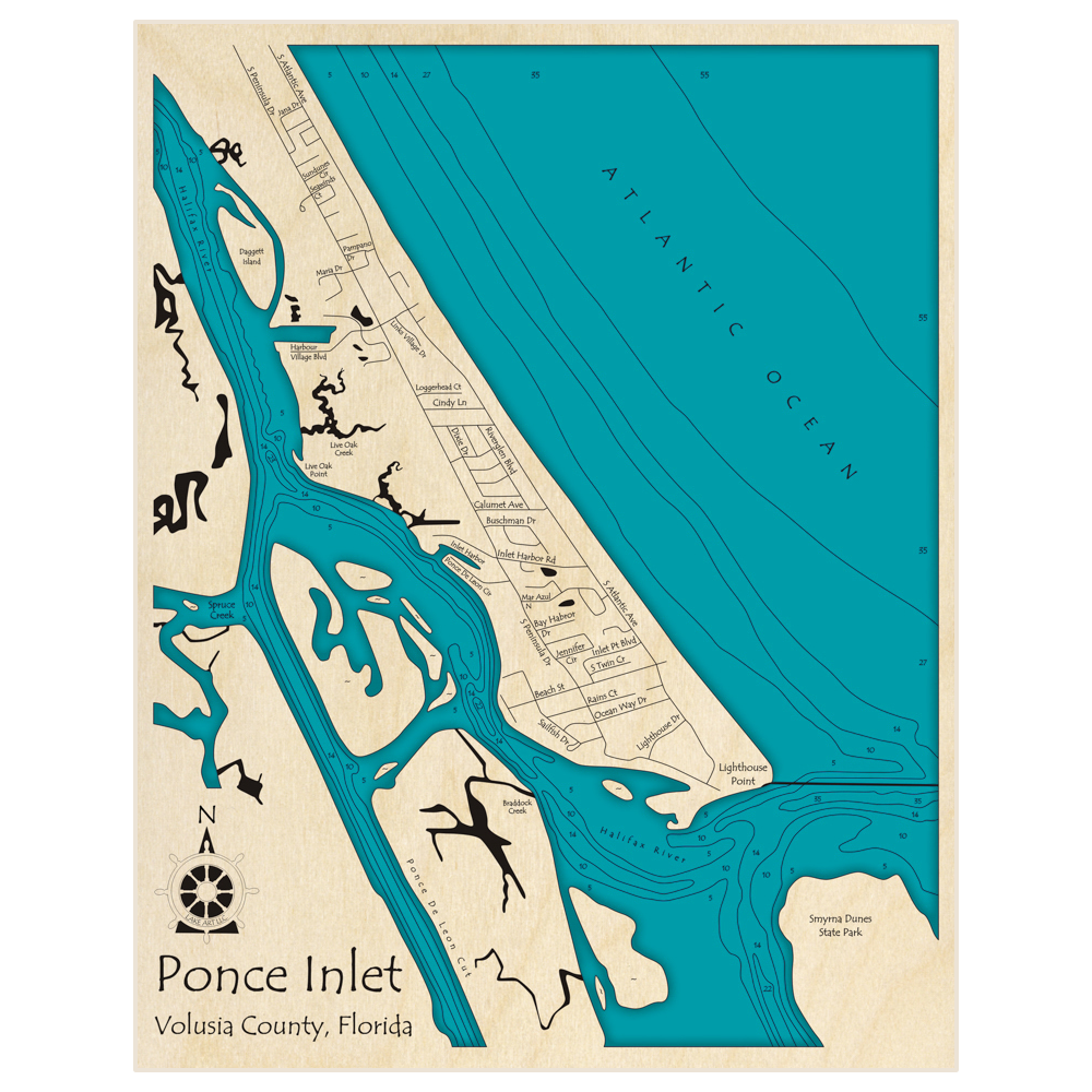 Bathymetric topo map of Ponce Inlet with roads, towns and depths noted in blue water
