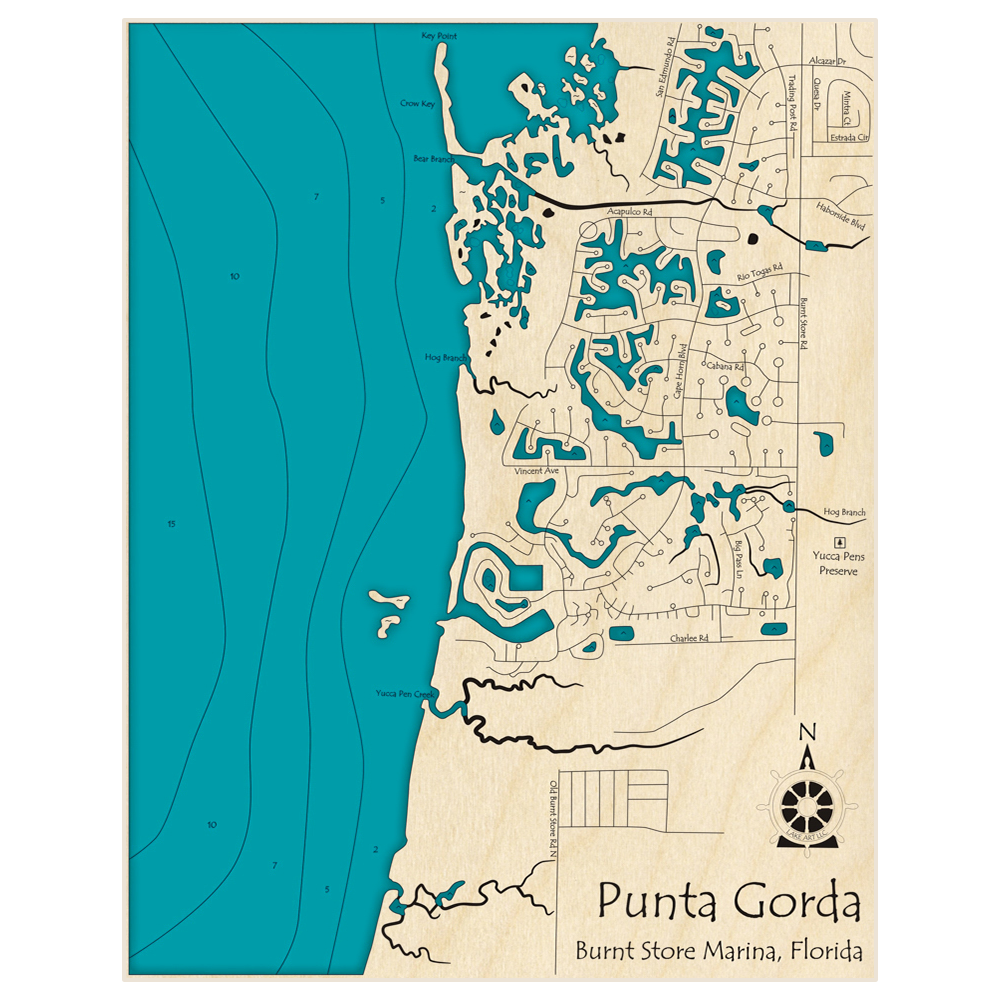 Bathymetric topo map of Punta Gorda (Burnt Store Marina Area) with roads, towns and depths noted in blue water