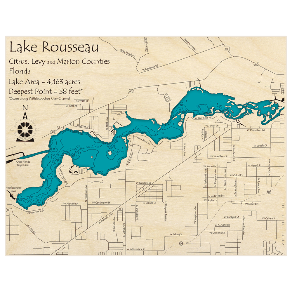 Bathymetric topo map of Lake Rousseau with roads, towns and depths noted in blue water