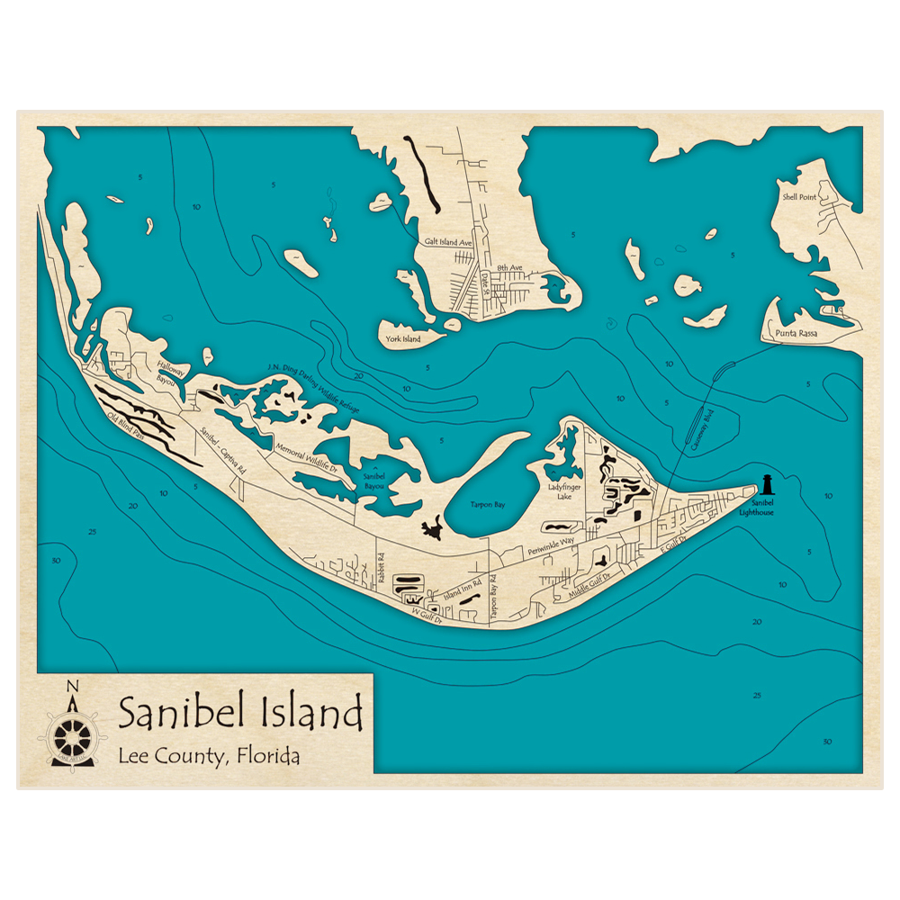Bathymetric topo map of Sanibel Island with roads, towns and depths noted in blue water