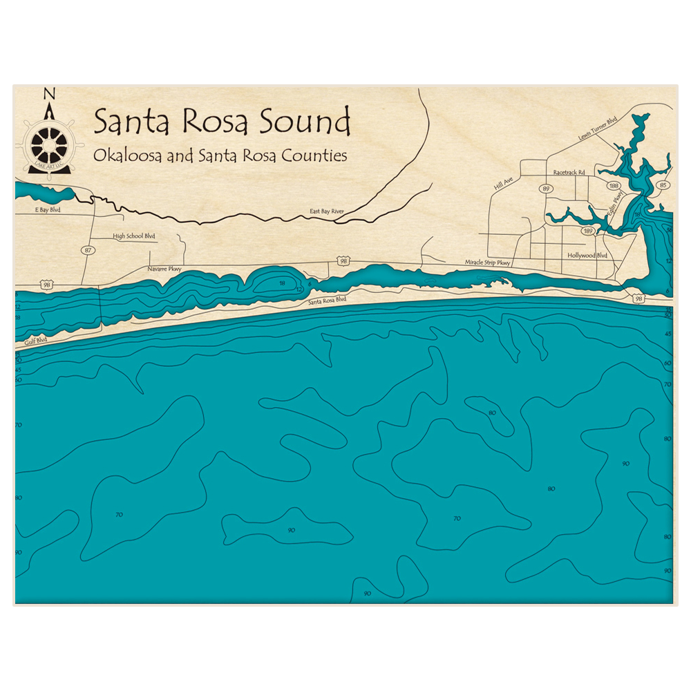 Bathymetric topo map of Santa Rosa Sound (alone) with roads, towns and depths noted in blue water