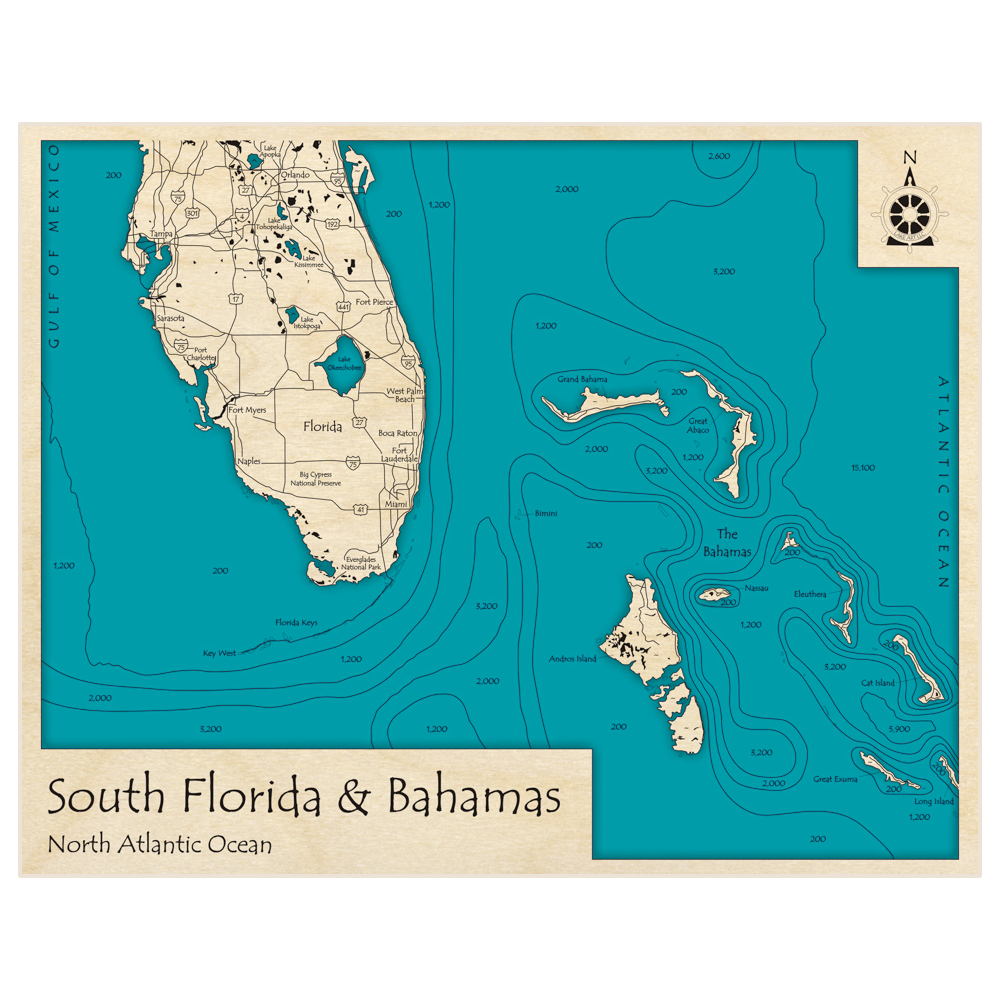 Bathymetric topo map of South Florida and Bahamas with roads, towns and depths noted in blue water