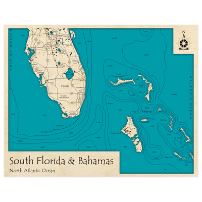 Bathymetric topo map of South Florida and Bahamas with roads, towns and depths noted in blue water