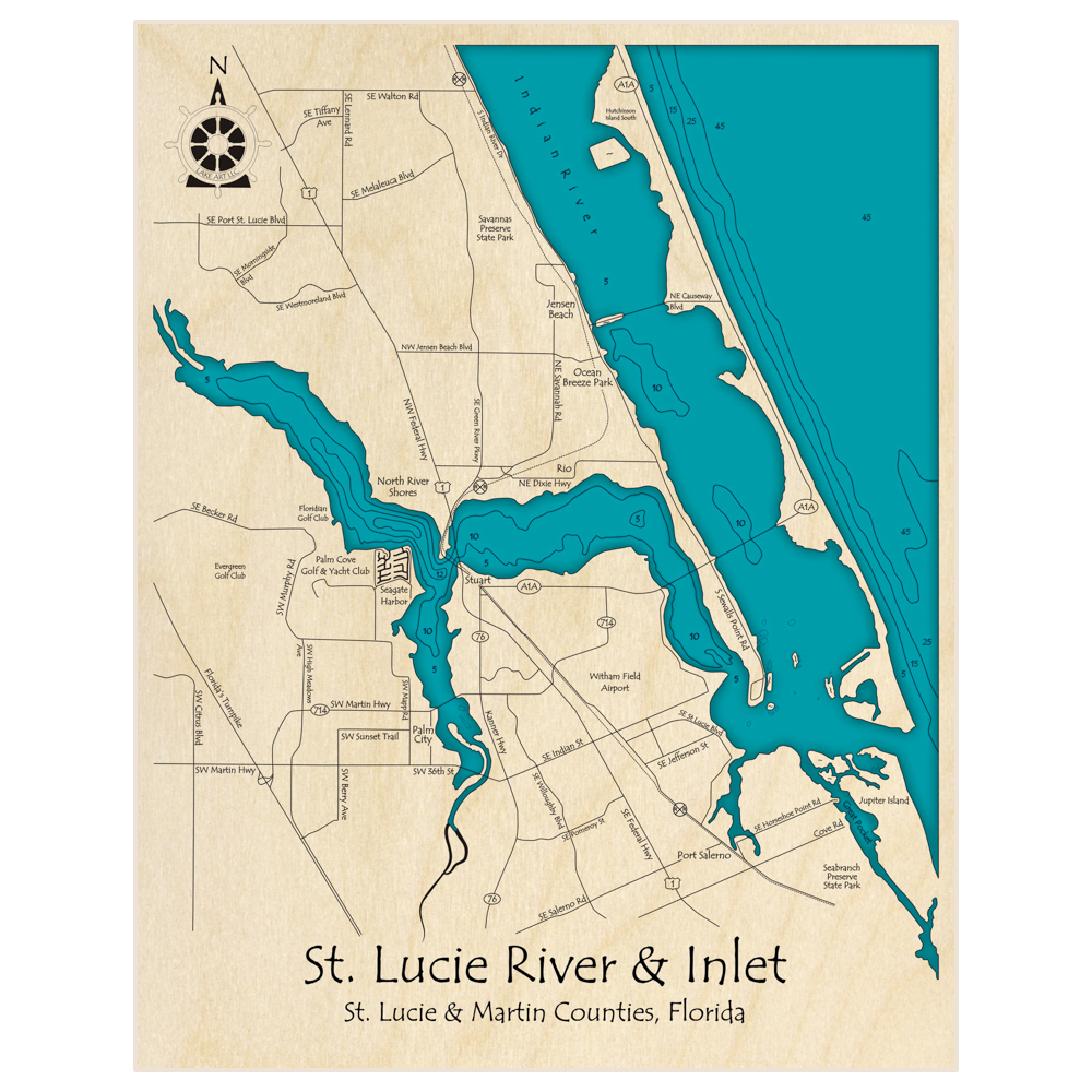 Bathymetric topo map of Saint Lucie River and Inlet with roads, towns and depths noted in blue water