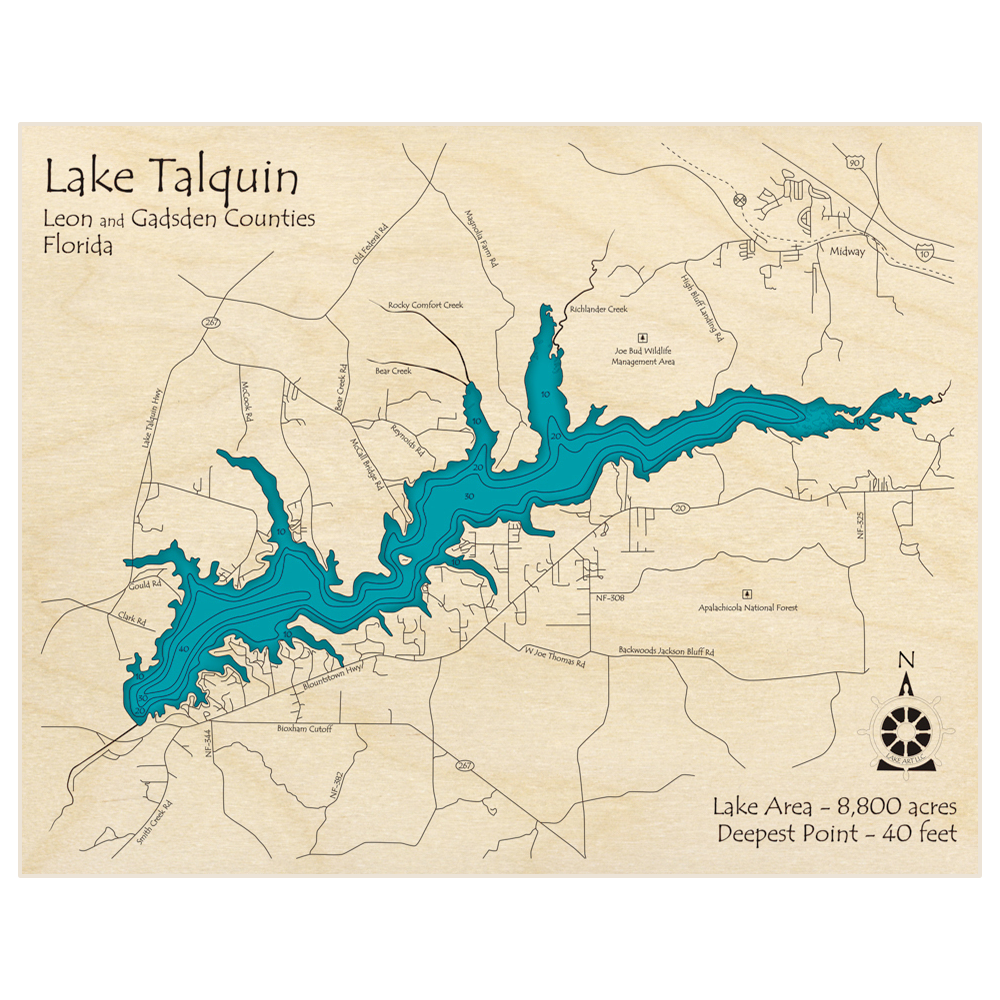 Bathymetric topo map of Lake Talquin with roads, towns and depths noted in blue water