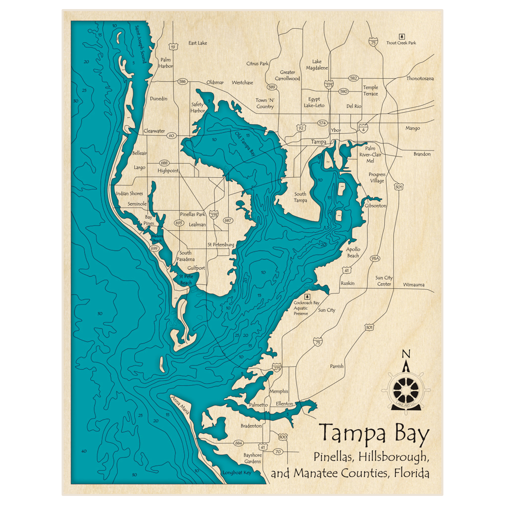 Bathymetric topo map of Tampa Bay and Old Tampa Bay with roads, towns and depths noted in blue water
