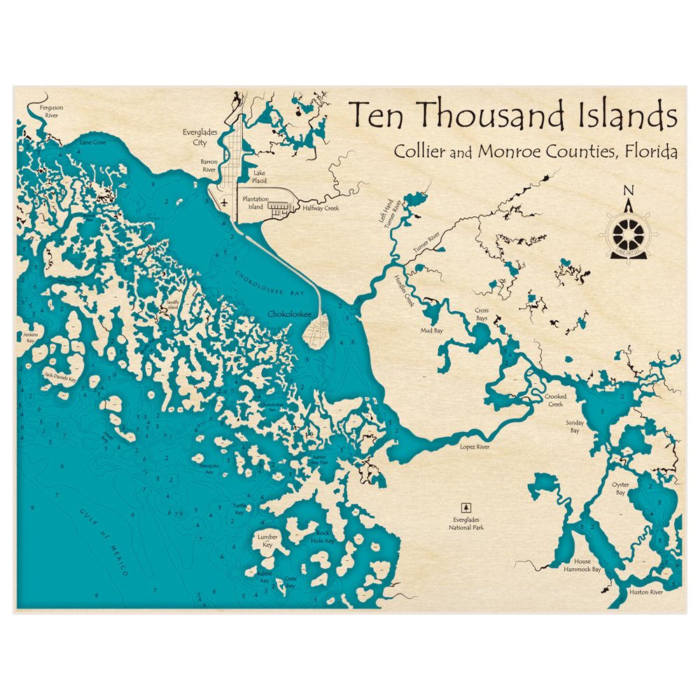 Bathymetric topo map of Ten Thousand Islands with roads, towns and depths noted in blue water