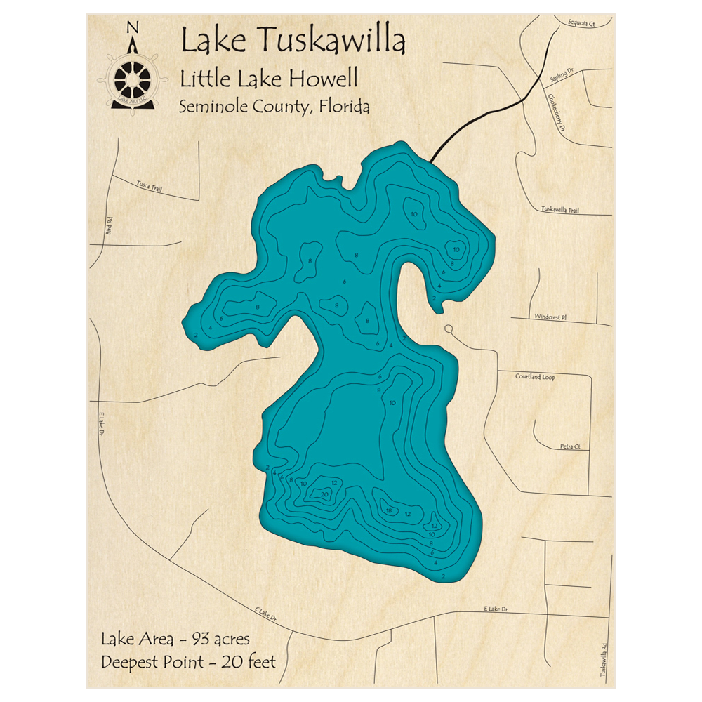 Bathymetric topo map of Lake Tuskawilla (Little Lake Howell) with roads, towns and depths noted in blue water