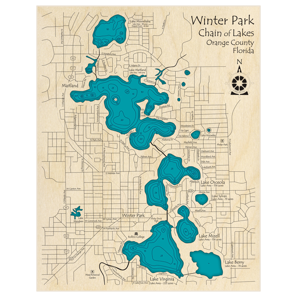 Bathymetric topo map of Winter Park Chain of Lakes (with Minnehaha) with roads, towns and depths noted in blue water