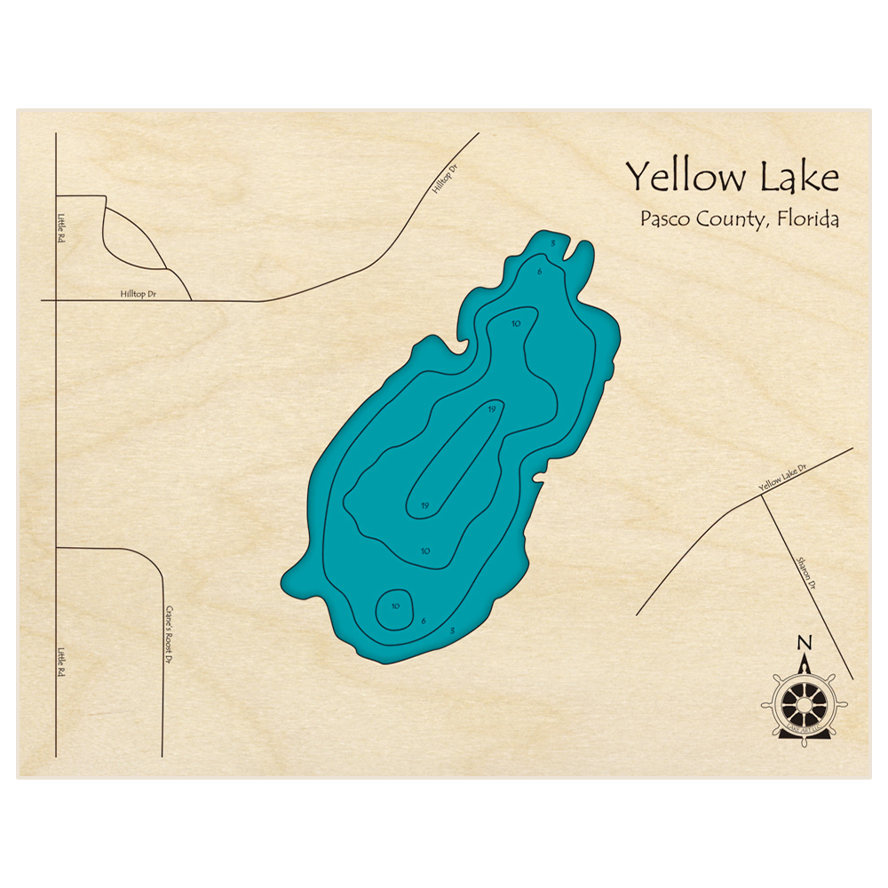 Bathymetric topo map of Yellow Lake with roads, towns and depths noted in blue water