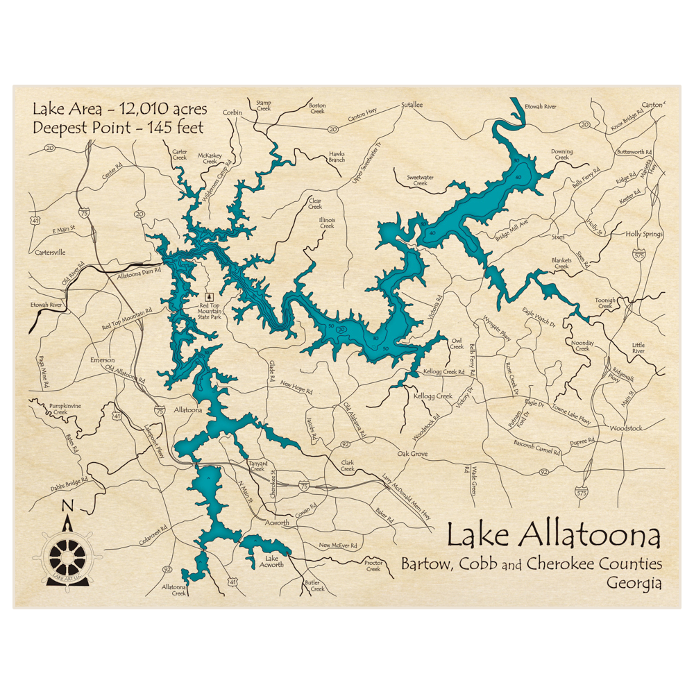 Bathymetric topo map of Lake Allatoona with roads, towns and depths noted in blue water