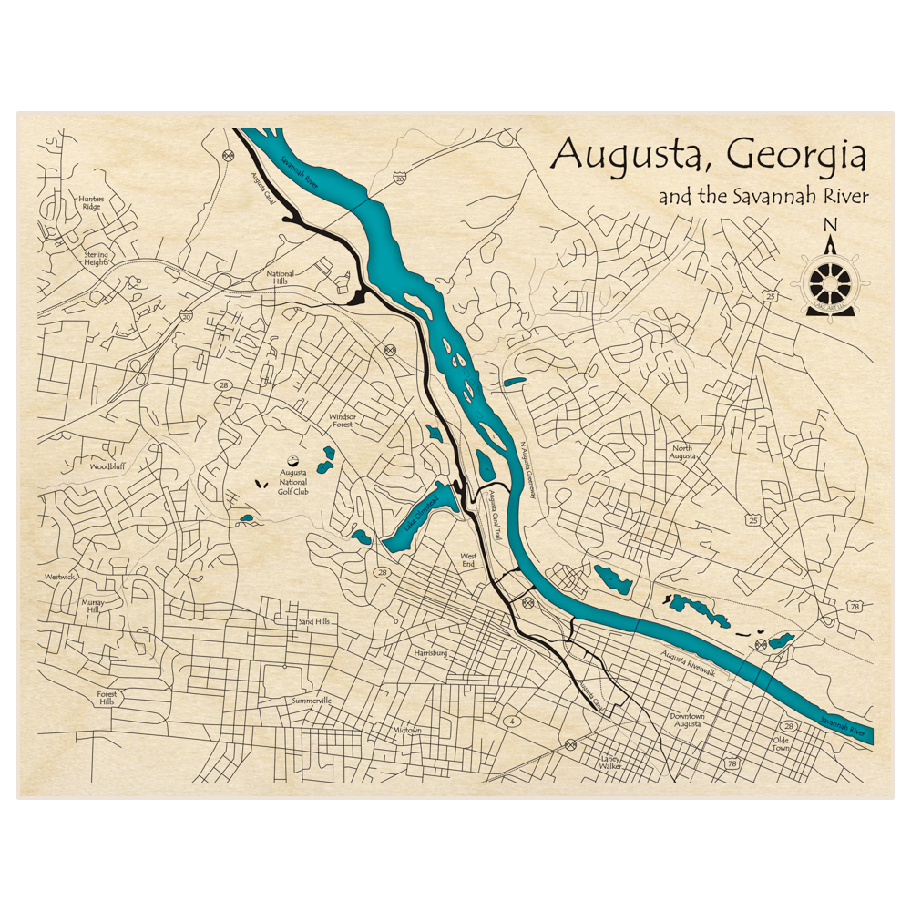 Bathymetric topo map of Downtown Augusta (SINGLE LEVEL ONLY) with roads, towns and depths noted in blue water