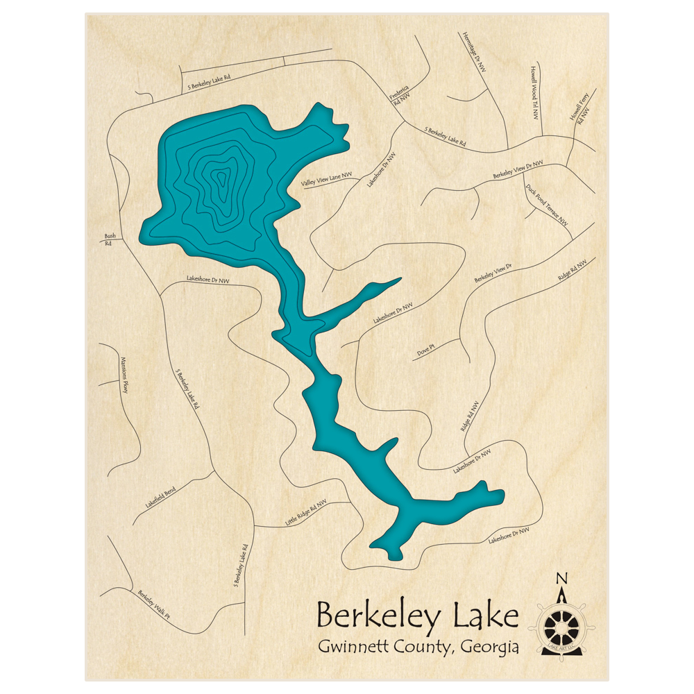 Bathymetric topo map of Berkeley Lake  with roads, towns and depths noted in blue water